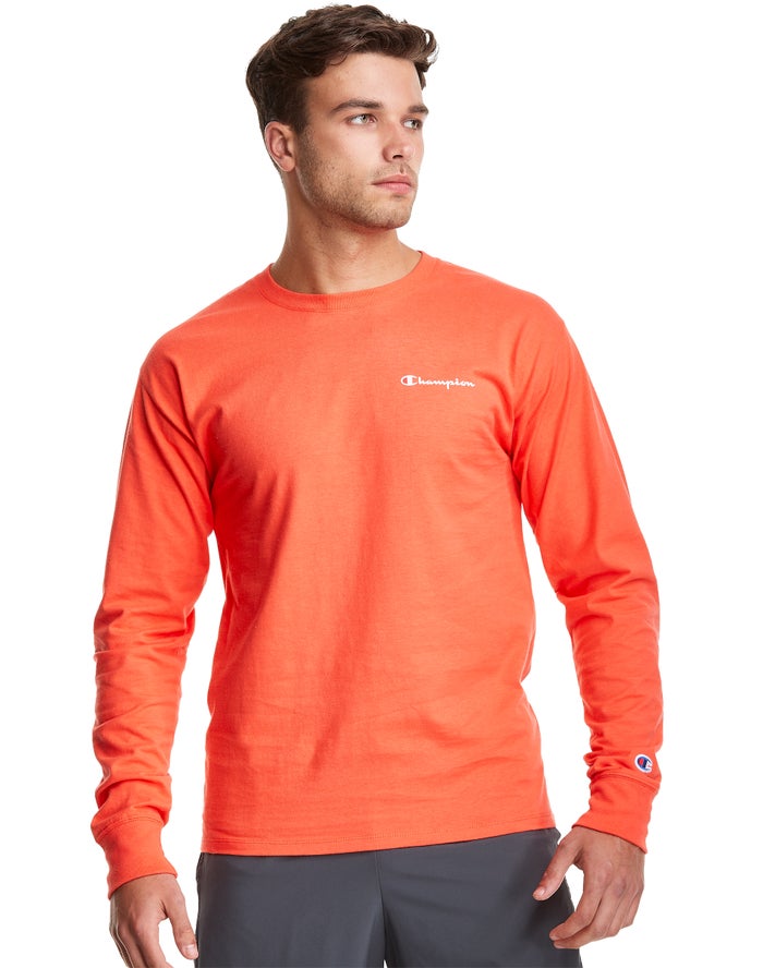 Champion Mens T-Shirt NZ - Classic Jersey Long-Sleeve Script Logo Orange ( 1705-XPUYR )